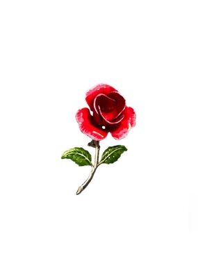 Red Rose Gold Tone Stem & Green Leaves Brooch Pin 2”